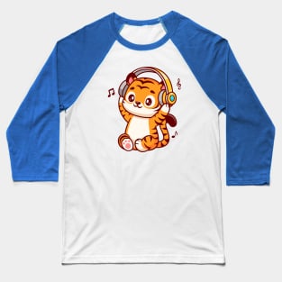 Cute Tiger Listening Music With Headphone Cartoon Baseball T-Shirt